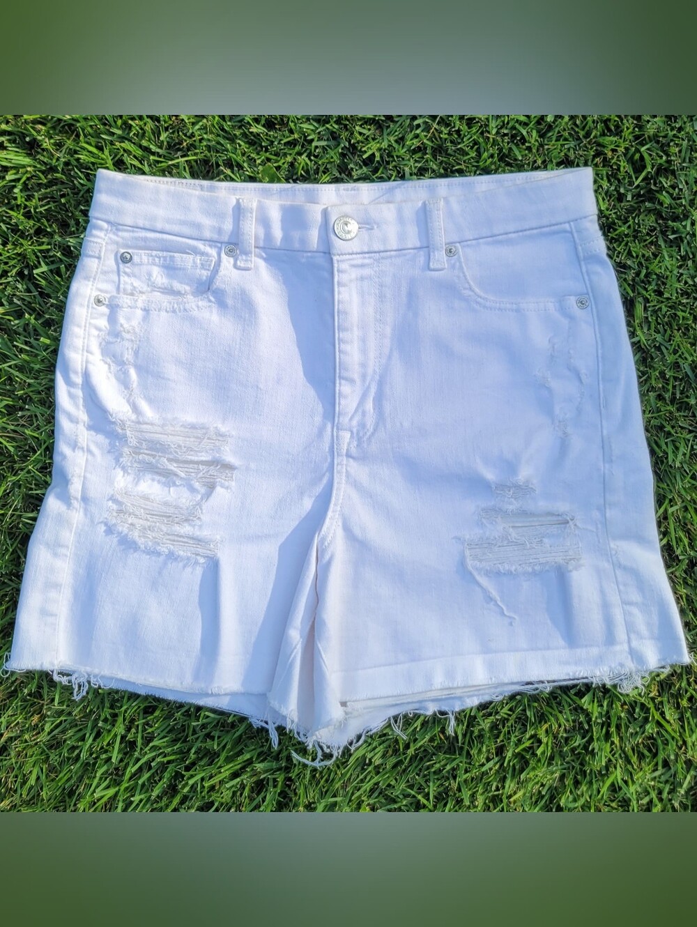 American Eagle White Curvy High Rise Shortie Jean Shorts Womens Size 10 Cut Offs
